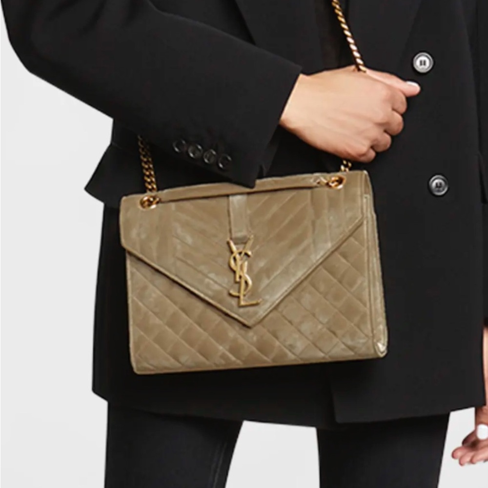 YSL Saint Laurent Envelope Triquilt Medium Shoulder Bag in Suede $3,300